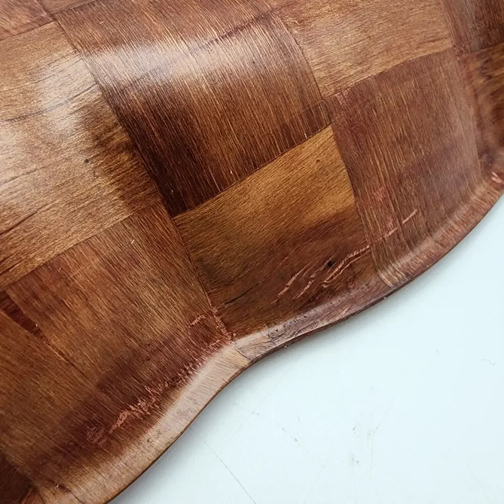 Vintage Woven Wooden Bowl Parquet Patchwork Checkerboard Pattern Scalloped 11